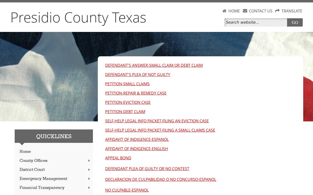 Presidio County civil court docket JP1 pleadings and forms
