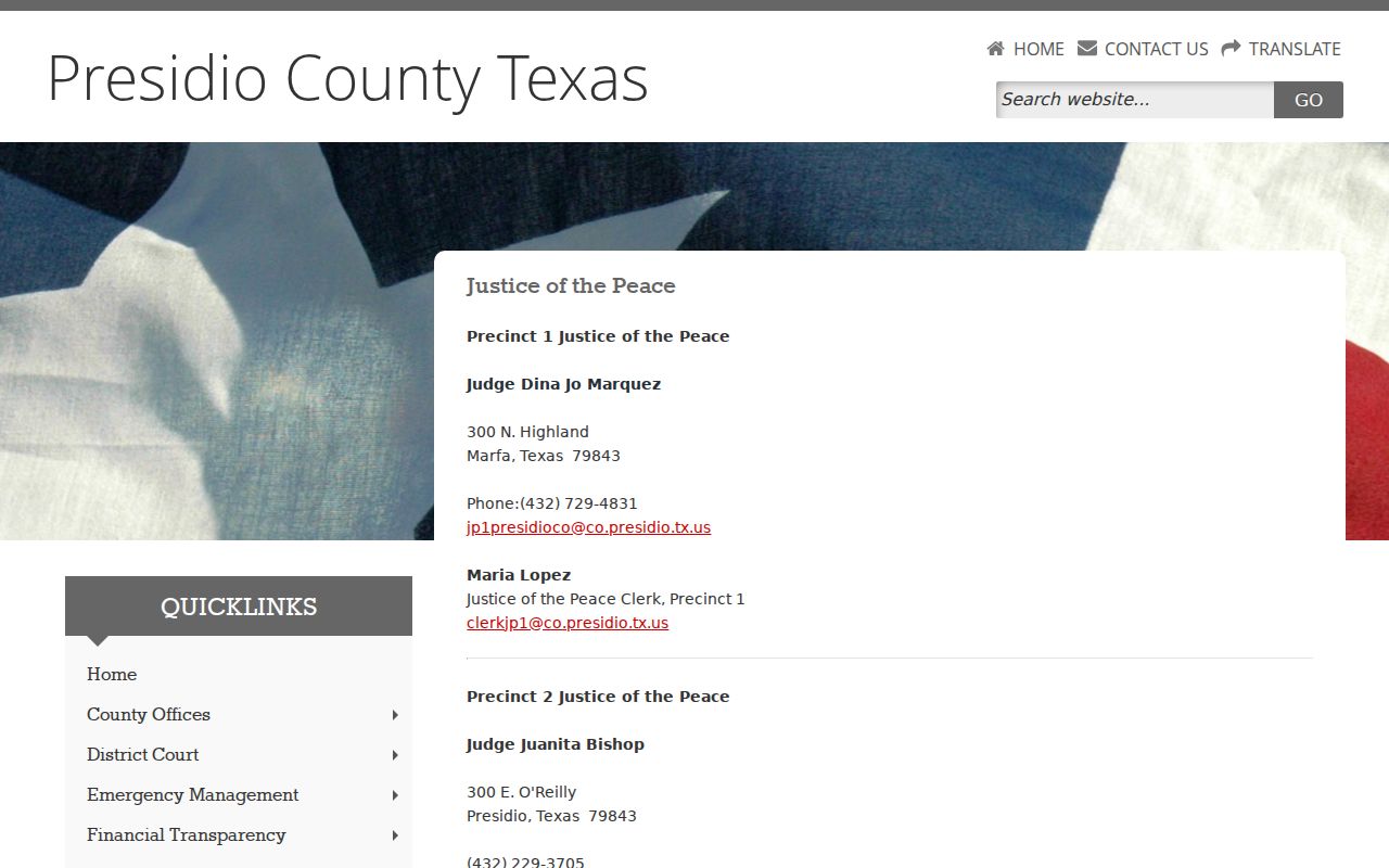 Presidio County traffic court JP2 contact page