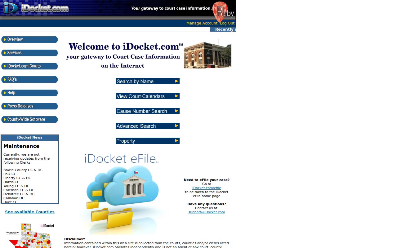 Presidio County docket search iDocket menu