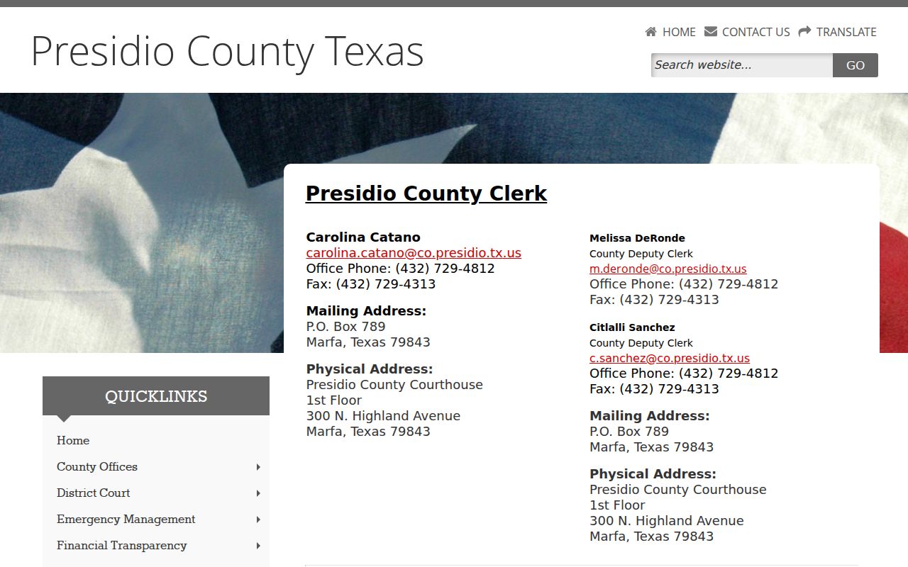 Presidio County court case records County Clerk page