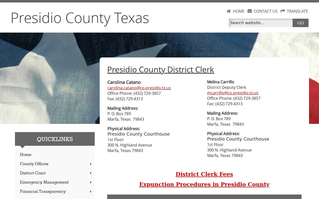 Presidio County court case records District Clerk contact page